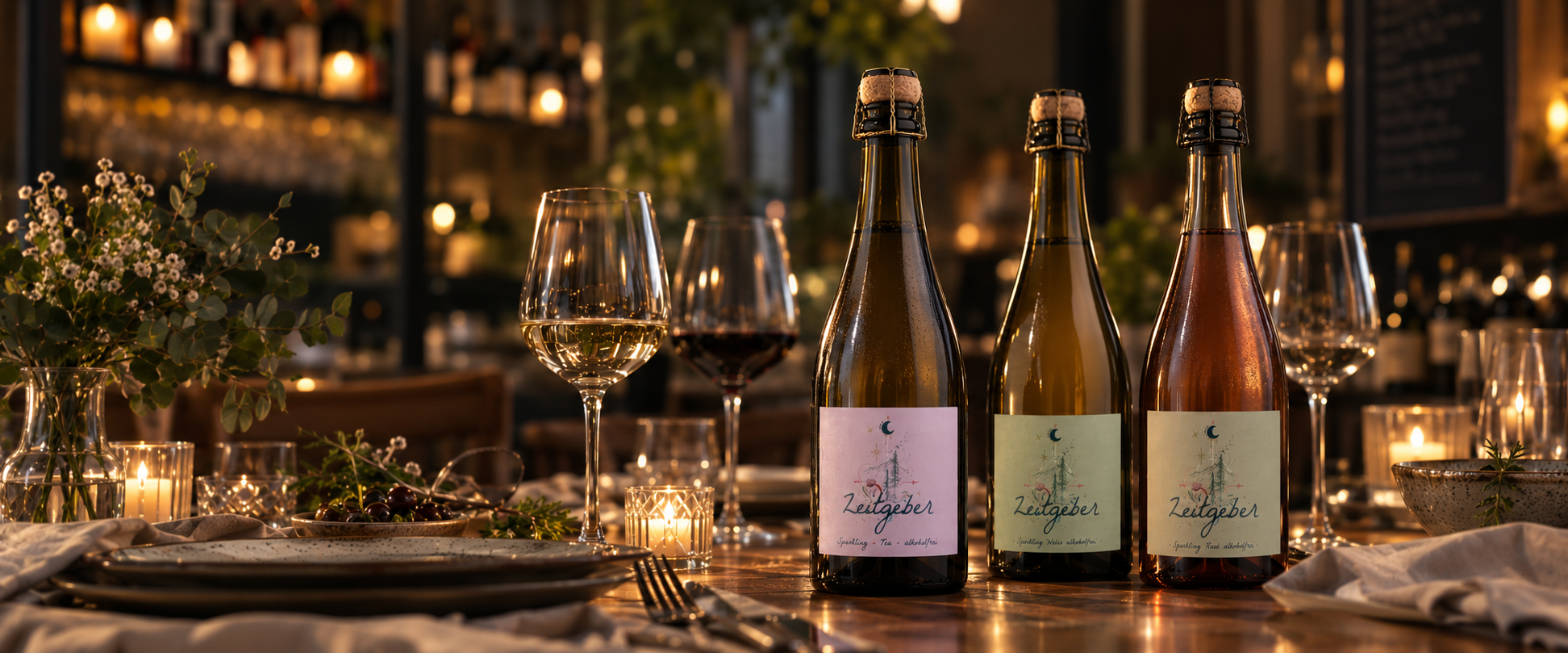 Zeitgeber Flasche mit gefülltem Glas im Abendlicht