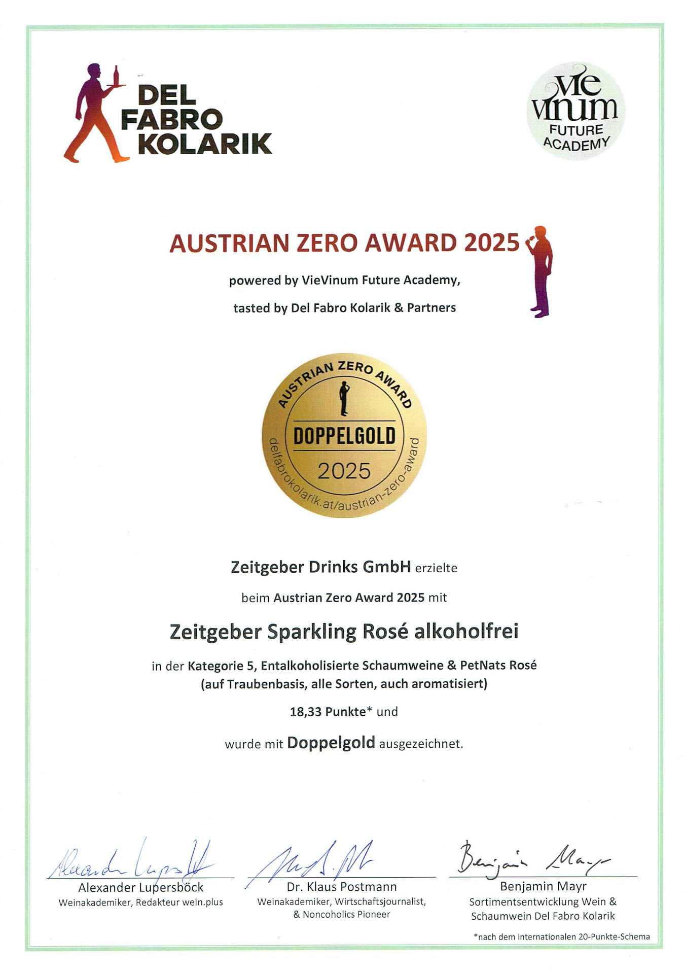 Urkunde Austrian Zero Award 2025 mit Doppelgold für Zeitgeber Sparkling Rosé alkoholfrei